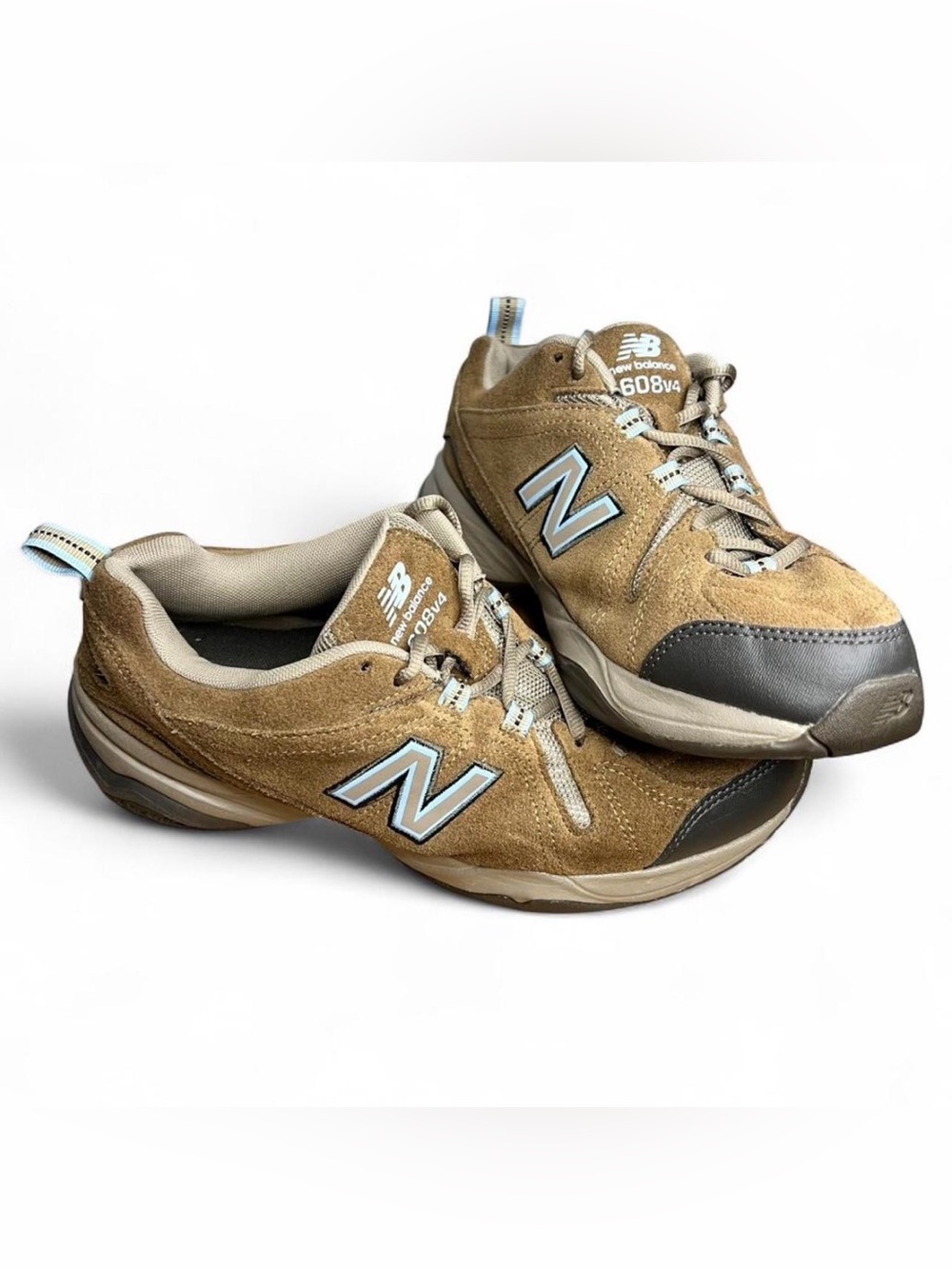 New Balance Tan Suede Sneakers with Light Blue Logo